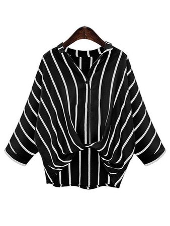 Vertical Striped Knotted Crop Turn-down Collar Long Sleeve Shirts Cheap - NewChic