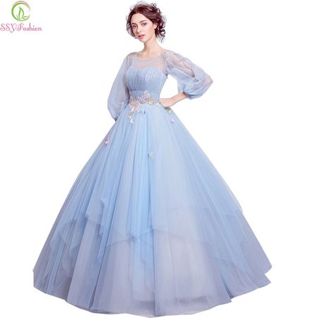SSYFashion Sweet Light Blue Flower Fairy Princess Prom Dress Transparent Long Sleeves Sequined Party Ball Gown Robe De Soiree