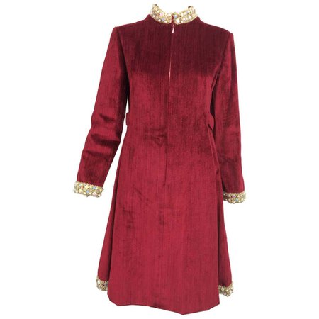 Garnet red silky cotton velvet jewel trim Mod dress 1960s For Sale at 1stdibs