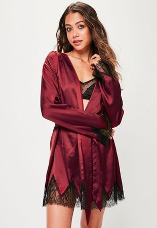 Burgundy Satin Lace Insert Dressing Gown | Missguided
