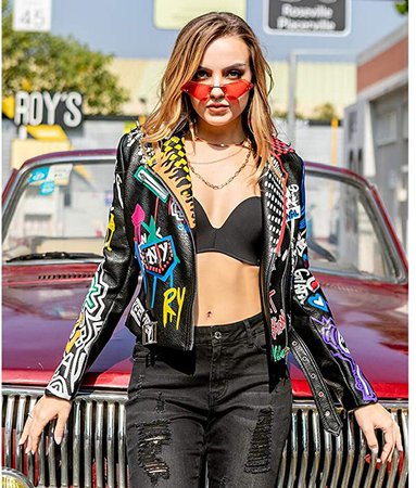 Liandesheng Leather Jacket Women Motor Biker Graffiti Print Punk Cropped Coat at Amazon Women's Coats Shop