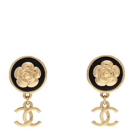 CHANEL Metal Lambskin Camellia CC Drop Earrings Gold Black 1161347 | FASHIONPHILE