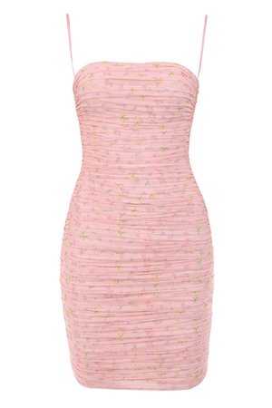 House of CB - 'Ella' Pink Floral Ruched Organza Mesh Mini Dress