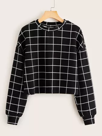 Drop Shoulder Grid Print Pullover | SHEIN USA