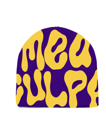 purple and yellow Mea culpa beanie