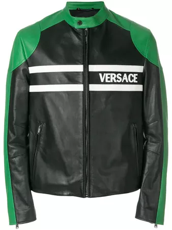 VERSACE logo print leather jacket