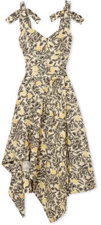 Asymmetric Floral-print Georgette Midi Dress - Pastel yellow