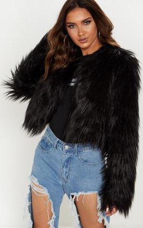 Liddie Black Faux Fur Shaggy Cropped Jacket | PrettyLittleThing
