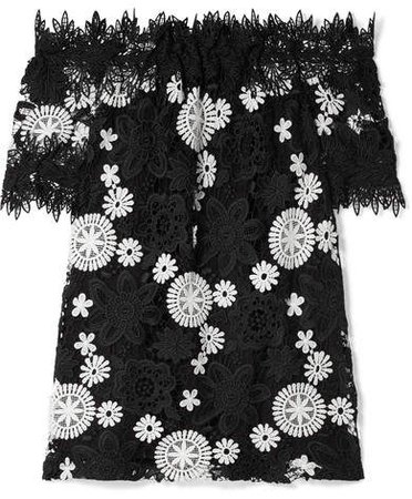 Off-the-shoulder Two-tone Guipure Lace Top - Black