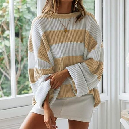 Amazon.com: GaYouny Women s Winter Stripes Pullover Sleeve O-Neck Sweater Curling Loose Ladies Sweaters Autumn Womens Jumpers (Color : Khaki, Size : S) : Clothing, Shoes & Jewelry
