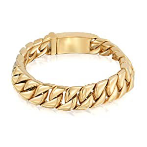 Amazon.com: Large Heavy Solid Cuban Curb Chain Bracelet for Men Polished Gold Plated Stainless Steel 12MM: Jewelry
