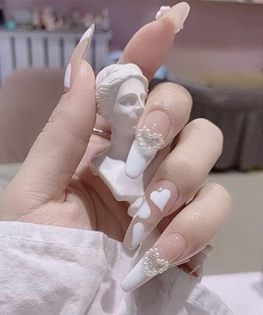 Amazon.com: AHUADA Long Coffin Press on Nails: 24PCS White Splicing Acrylic Glue on Nails, Stick on Nails, Fake Nails with Butterfly Rhinestones, Full Cover False Nails Artificial Nail Tips for Women Girls : Beauty & Personal Care