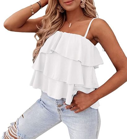 Amazon.com: KIRUNDO 2023 Women's Summer Spaghetti Strap Cami Tank Tops Layered Ruffle Tie Shoulder Flowy Sleeveless Shirts Camisole(White, X-Large) : Clothing, Shoes & Jewelry