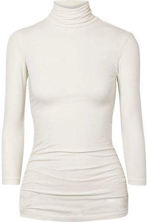 Ruched Stretch-cotton Jersey Turtleneck Top - Ivory