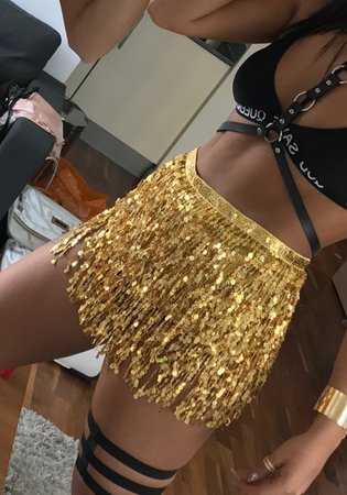 Golden Sequin Tassel Belt Bow Club High Waisted Fashion Beach Mini Skirt - Skirts - Bottoms