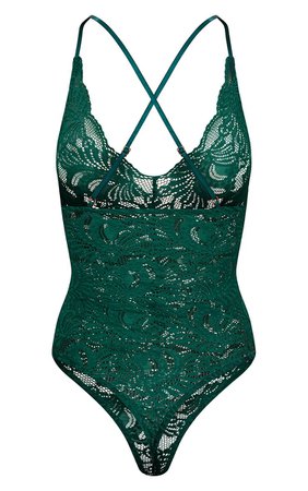Dark Green Sheer Lace Cross Back Bodysuit | PrettyLittleThing USA