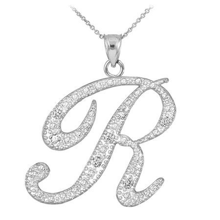 14k White Gold Letter Script "R" Diamond Initial Pendant Necklace