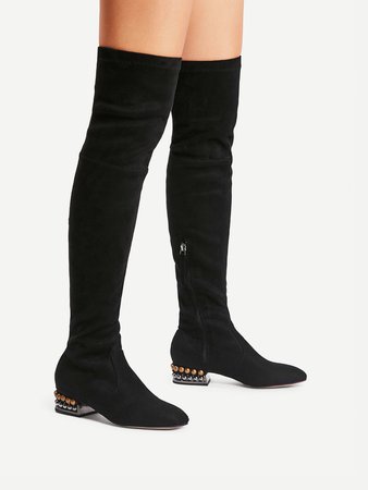 Square Toe Side Zipper Thigh High Boots