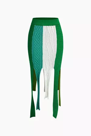 Contrast Fringe Hem Knit Midi Skirt – Micas