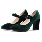 Green Velvet Mary Jane Block High Heels Shoes