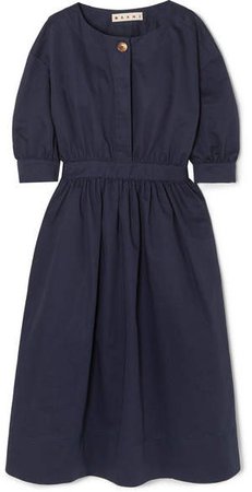 Belted Cotton And Linen-blend Twill Midi Dress - Navy