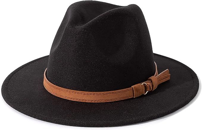 Lisianthus Men & Women Vintage Wide Brim Fedora Hat with Belt Buckle A-Black 59-60cm at Amazon Women’s Clothing store