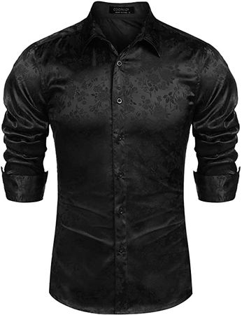 COOFANDY Men's Luxury Rose Floral Print Dress Shirt Satin Silk Long Sleeve Button Down Shirt at Amazon Men’s Clothing store