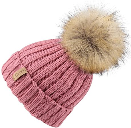 Amazon.com: Kids Winter Knitted Pom Beanie Bobble Hat Cotton Lined Faux Fur Ball Pom Pom Cap Unisex Kids Beanie Hat: Clothing