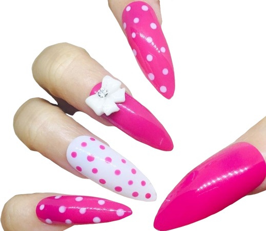 pink and white nails with polka dots and bow