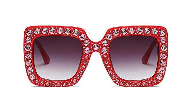 Amazon.com: Large Jeweled Sunglasses for Women Crystal Bling Studded Oversized Square Frame (Red, 70): Clothing