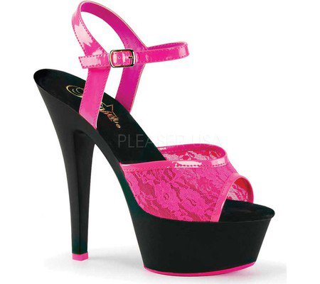 Womens Pleaser Kiss 209ML Ankle-Strap Sandal - Neon Hot Pink Lace/Black Matte - FREE Shipping & Exchanges