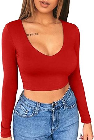 XXTAXN Women's Sexy Bodycon Basic Scoop Neck Long Sleeve Slim Solid Color Crop Top at Amazon Women’s Clothing store