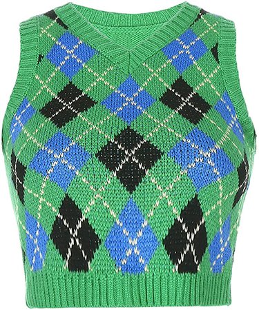 Amazon.com: Women 's Y2K V Neck Sweater Vest E-Girls Crop Knitwear Argyle Plaid Preppy Slim Fit Knitted Tank Tops (Green + Blue, L): Clothing