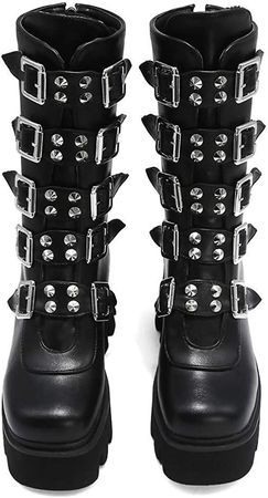 Amazon.com | YIYA Women's Black Platform Goth Boots Studded Wide Mid Calf Combat Punk Boots Round Toe Buckle Chunky Heel Back Zipper Thick Sole Ankle Booties | Ankle & Bootie