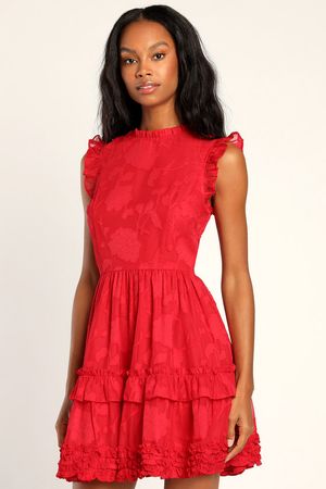 Red High-Neck Mini Dress - Burnout Floral Dress - Ruffled Dress - Lulus