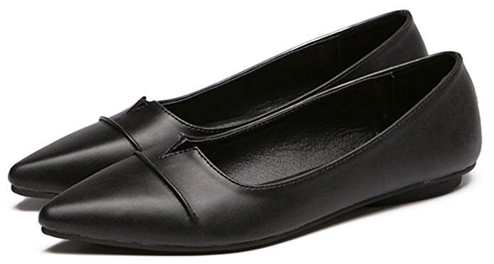 Amazon.com | QZUnique Women's Classic Pointy Toe Shoes Ballet PU Leather Slip On Flats, Black, 7.5 | Flats