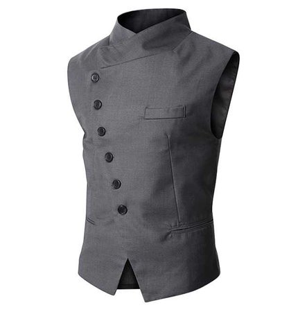 Black Gray Stand Collar Asymmetric Buttons Goth Steampunk Vest