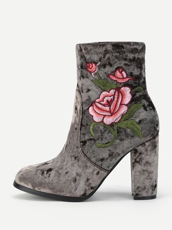 Flower Embroidered Velvet High Heeled Boots