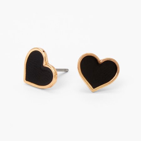 Gold Heart Stud Earrings - Black | Claire's