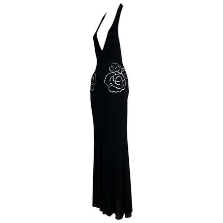 S/S 2002 Roberto Cavalli Runway Plunging Black Rose Cut-Out Maxi Dress For Sale at 1stDibs