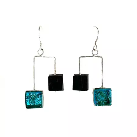 MCM Earrings with Ebony & Teal Squares – Studio Mod Glass