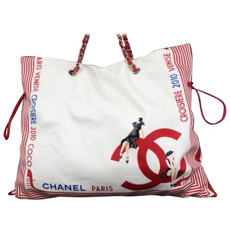 Chanel Cabas Extra Large Red Stripe Chain 231321 White Cotton Shoulder Bag For Sale at 1stdibs
