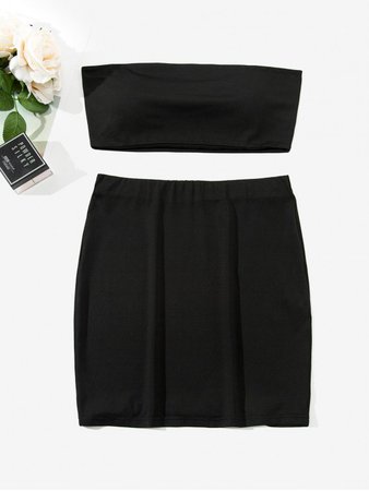 [51% OFF] [HOT] 2020 ZAFUL Two Piece Padded Bandeau Top And Skirt Set In BLACK | ZAFUL