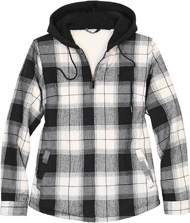 ThCreasa Womens Full Sherpa Lined Plaid Flannel Hooded Jacket with Hand Pockets, Zip Up Fuzzy Hoodie Flannel Shacket at Amazon Women's Coats Shop
