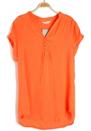 Orange Irregular V-neck Short Sleeve Buttons Chiffon Blouse - Blouses - Tops