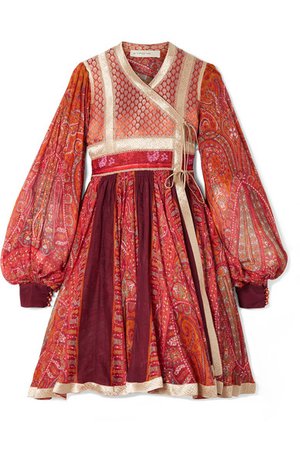 Etro | Paneled cotton and silk-blend jacquard and printed chiffon wrap dress | NET-A-PORTER.COM