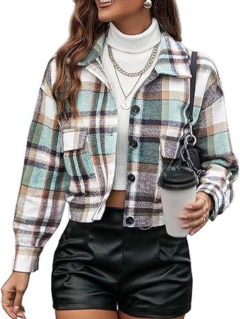 Amazon.com: SCUSTY Women's Fall Fashion Cropped Shacket Plaid Jackets Short Flannel Shirt Coat : Clothing, Shoes & Jewelry