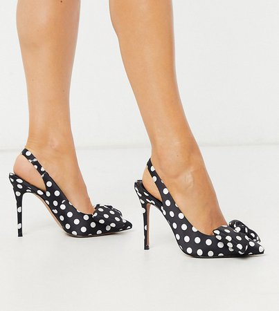 ASOS DESIGN Wide Fit Pheebs slingback stiletto heels with bow in black and white polka dot