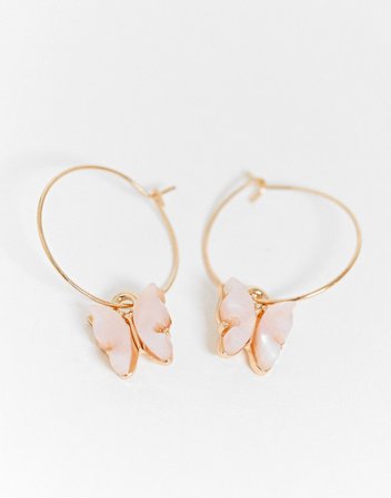 ASOS DESIGN hoop earrings with pink butterfly charm in gold tone | ASOS