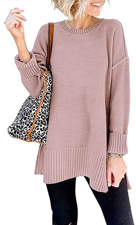 MEROKEETY Women's Casual Crew Neck Side Split Pullover Sweater Loose Long Sleeve Jumper Top at Amazon Women’s Clothing store